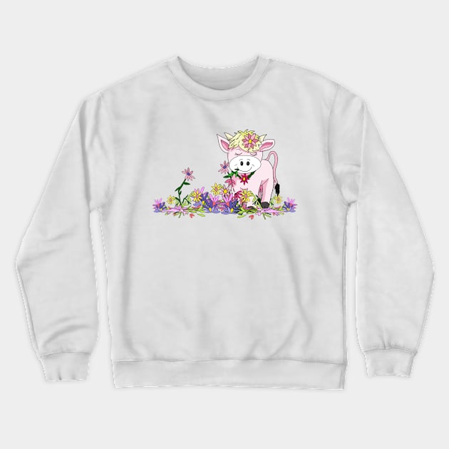 kawaii cow stands in pretty flowers Crewneck Sweatshirt by cuisinecat